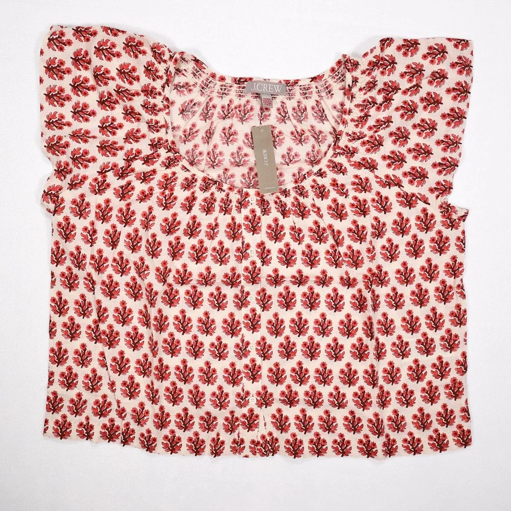 NWT J. CREW Women's S Cream Red Floral Linen Cotton Flutter Sleeve Pajama Set